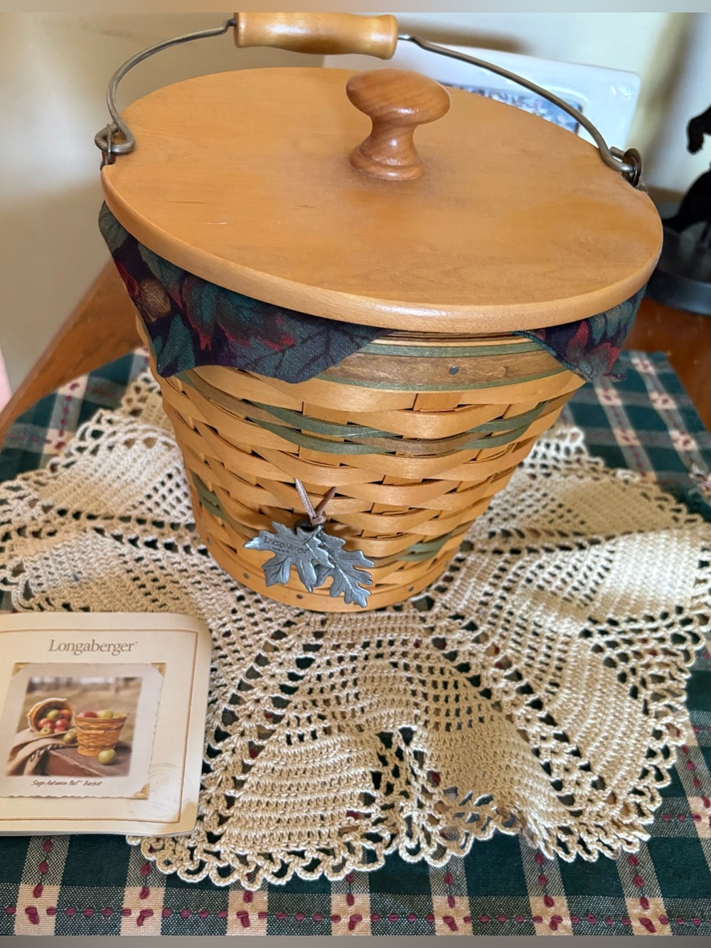 Longaberger 2002 Sage Autumn Pail Basket Set Liner, Protector, & Oak Leaf charm
